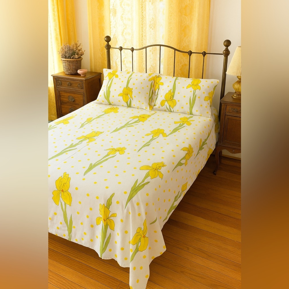 Vintage 1970s Christian Dior Wamsutta Yellow Iris Full Sheet Set